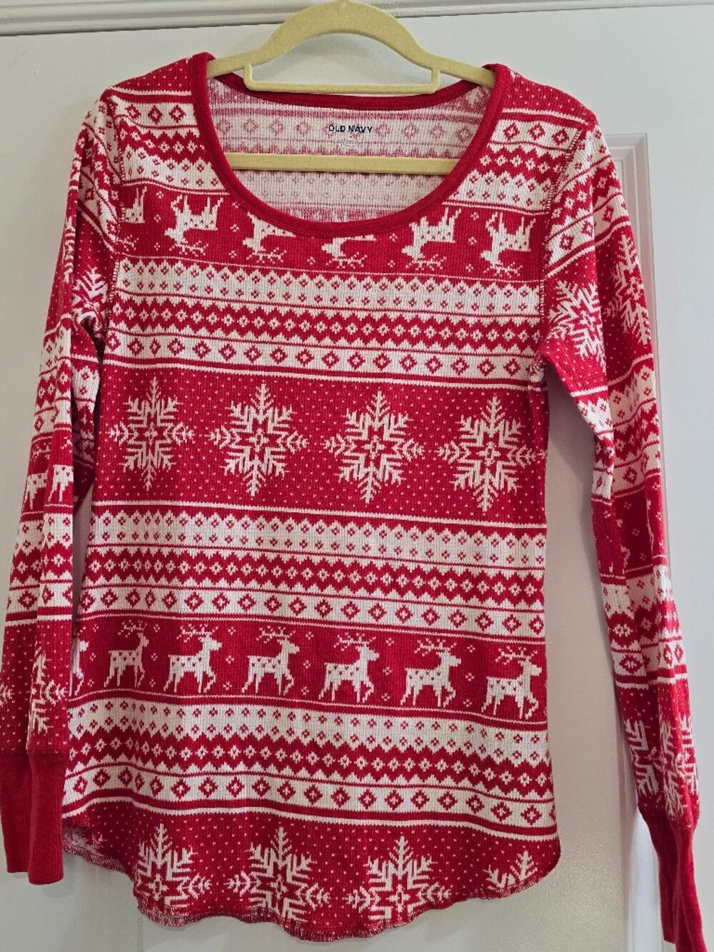 Old Navy Thermal-Knit Pajama Set - Red Fair Isle Reindeer and Snow - Picture 3 of 8